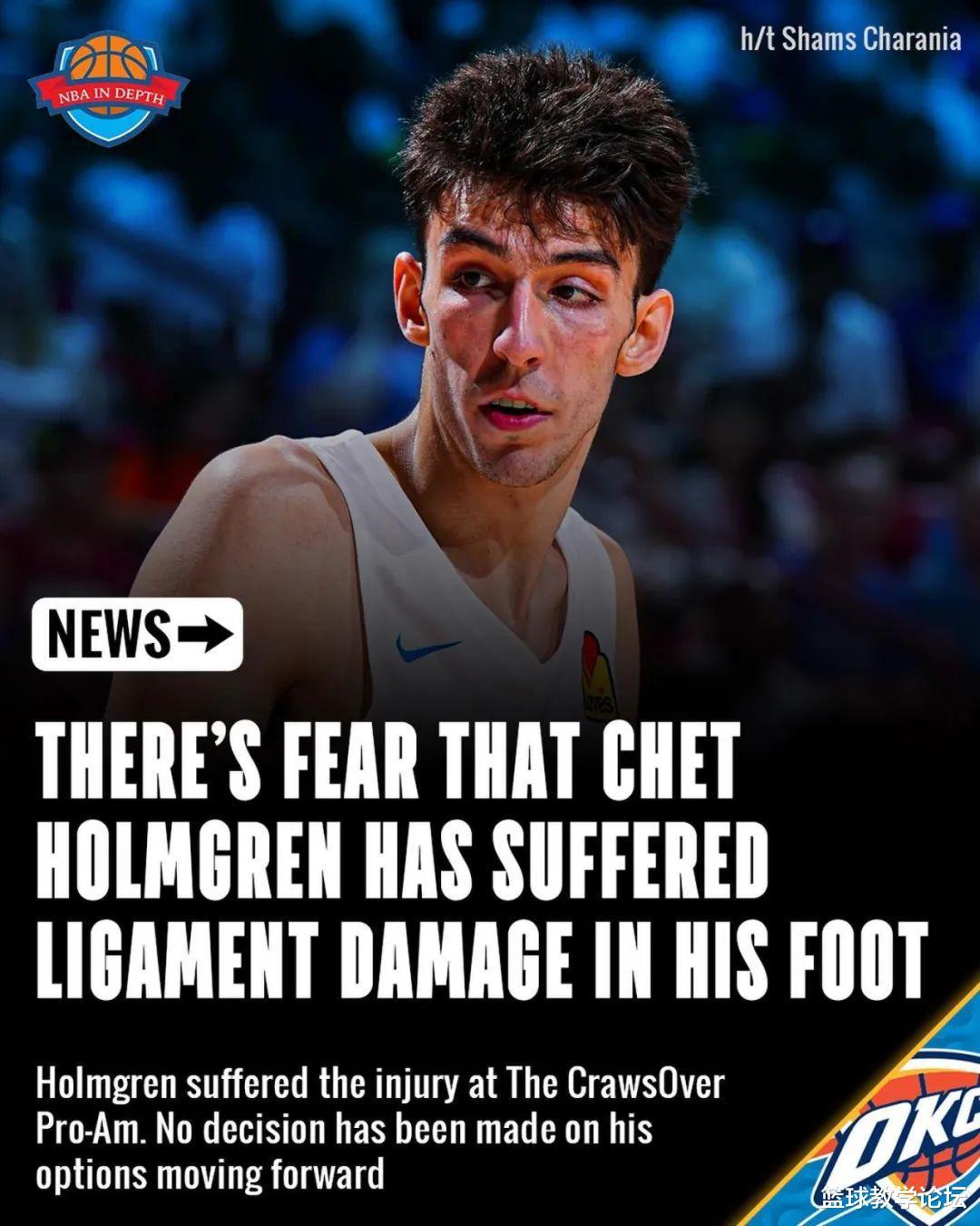 右脚韧带撕裂！一场NBA还没打！雷霆榜眼就倒下了