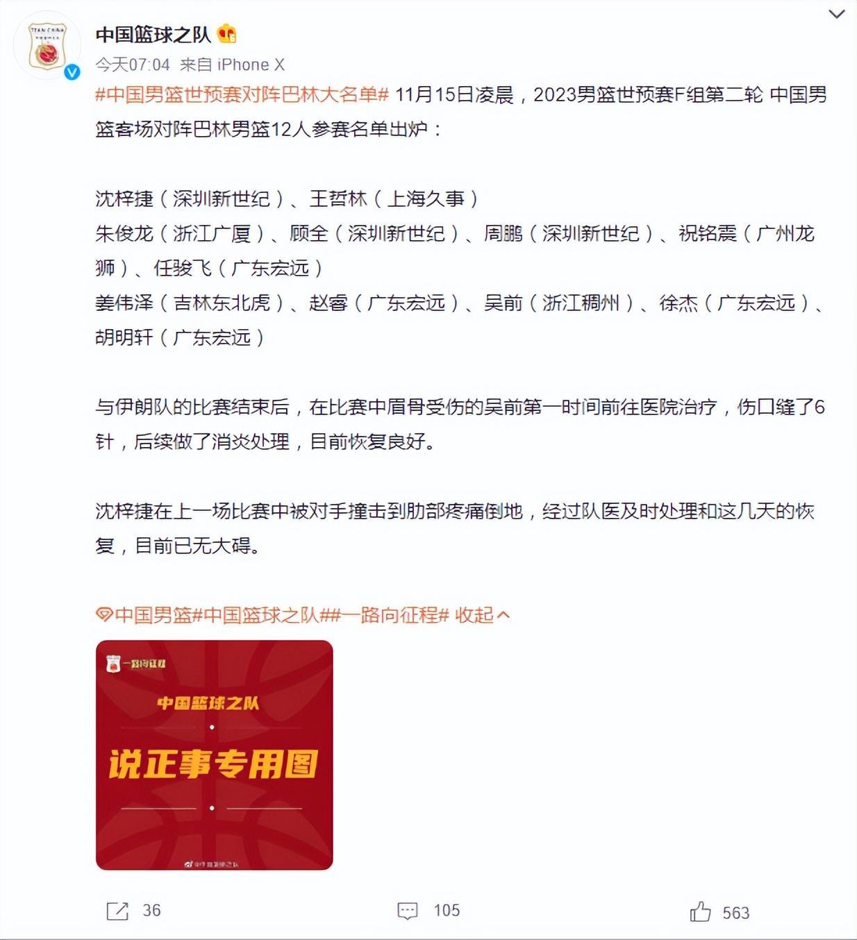 中国男篮公布战巴林大名单：胡明轩重新回归，周琦因伤落选