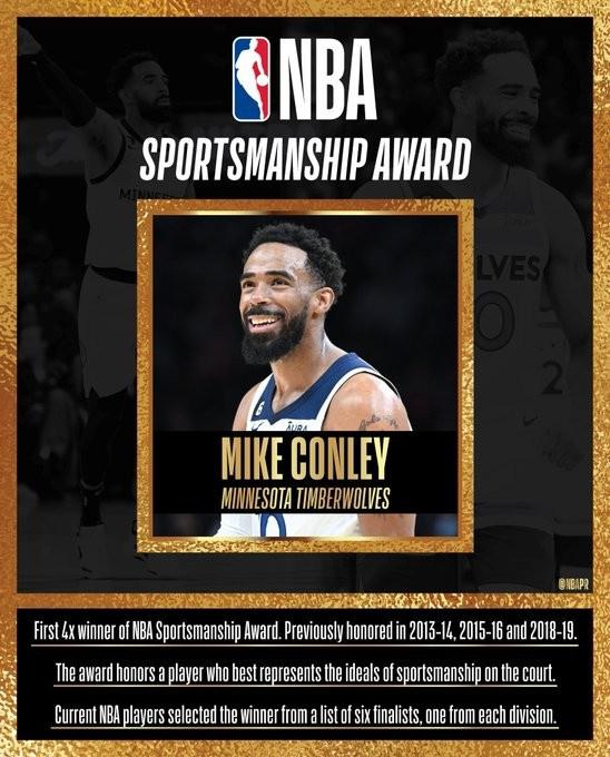 官方：迈克-康利获得2022-23赛季NBA体育道德风尚奖！(1)