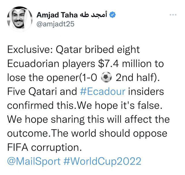 世界杯又出丑闻？曝卡塔尔740万美元贿赂厄瓜多尔8将：揭幕战0-1输(1)