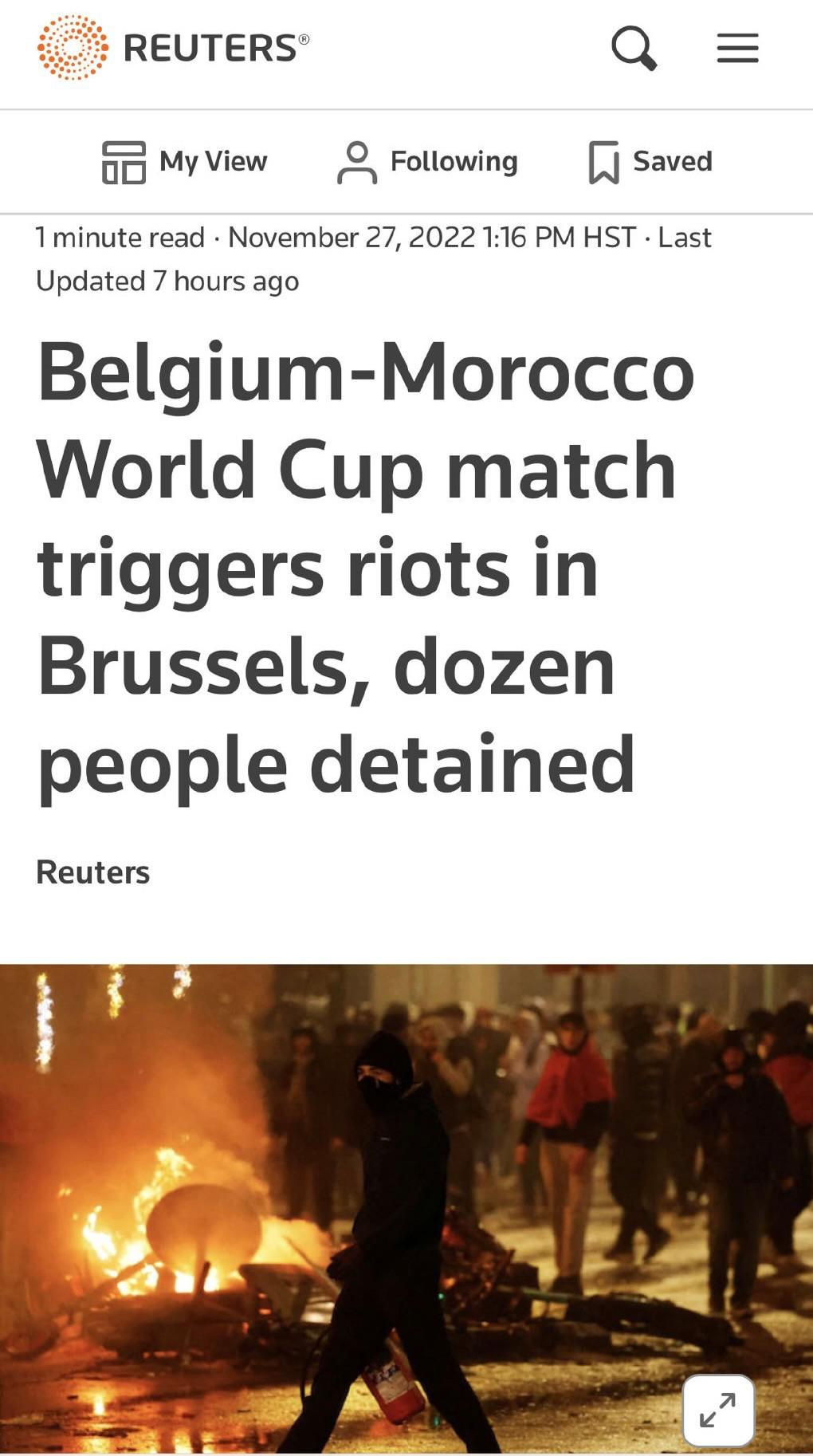 混乱！摩洛哥击败比利时，双方球迷大打出手，打砸商店烧汽车暴动
