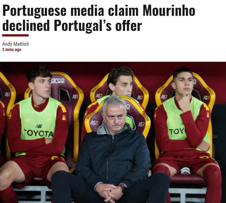 意媒：穆里尼奥已经拒绝了葡萄牙足协 专心带罗马冲意甲欧联杯冠军(1)