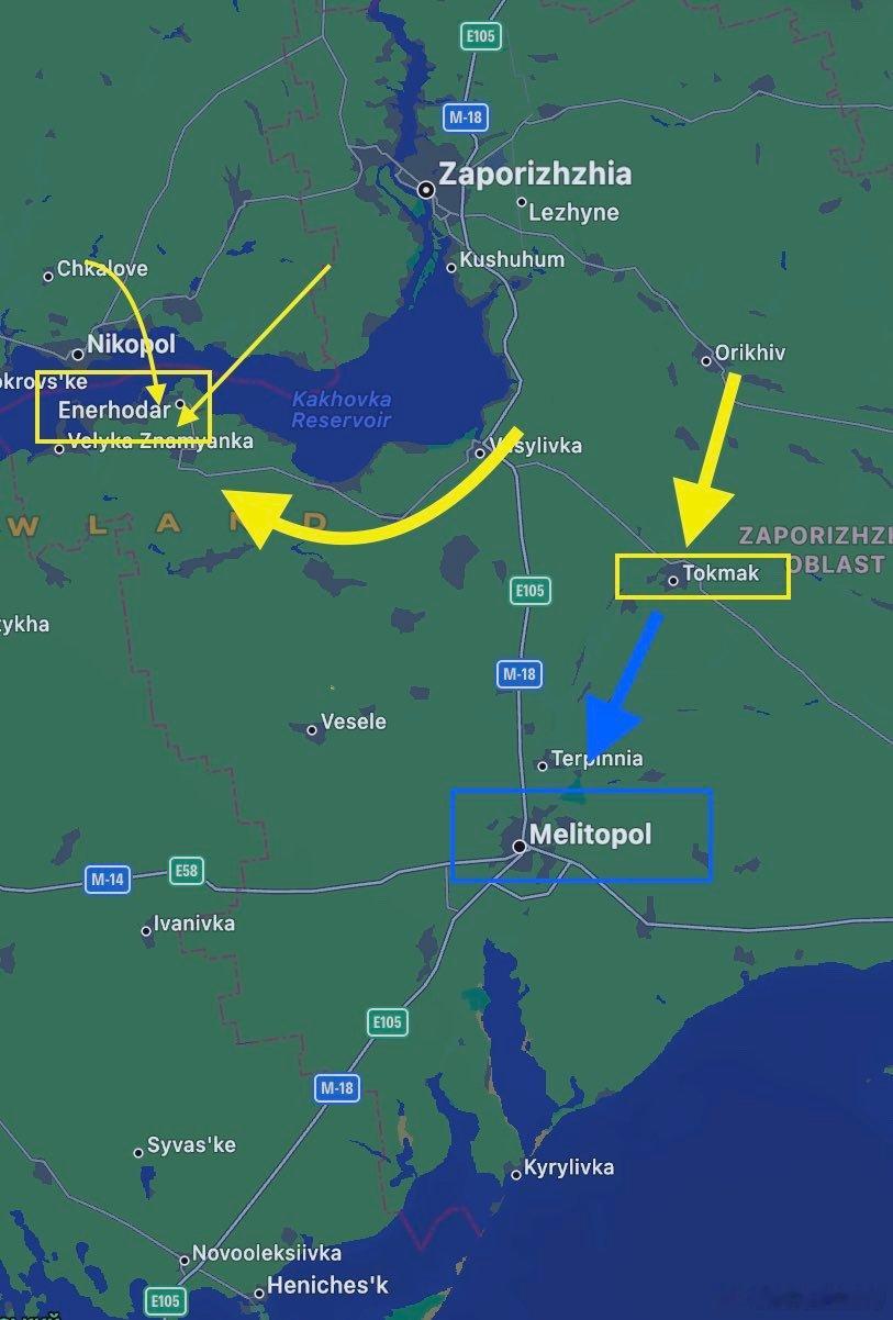 乌军扎波罗热反攻方案的一种推测：主力向托克马克进攻，目标为梅利托波尔。偏师从赫尔