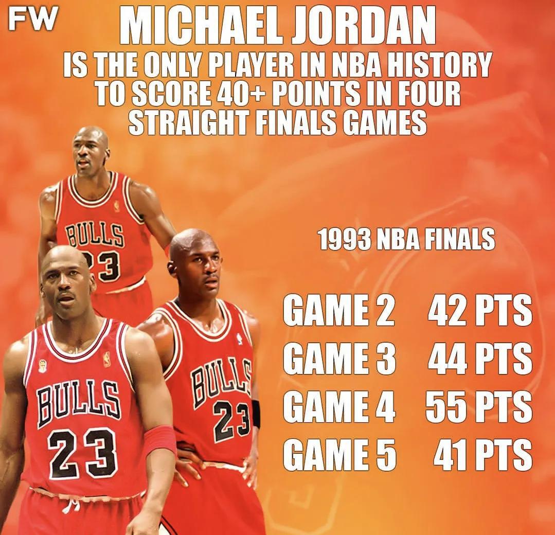 今天美媒体晒出一张图，乔丹是NBA历史上唯一一个总决赛能连续四场拿到40+的球员(1)