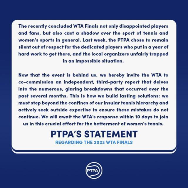 PTPA发布声明：愿与WTA共同调查总决赛办赛失误