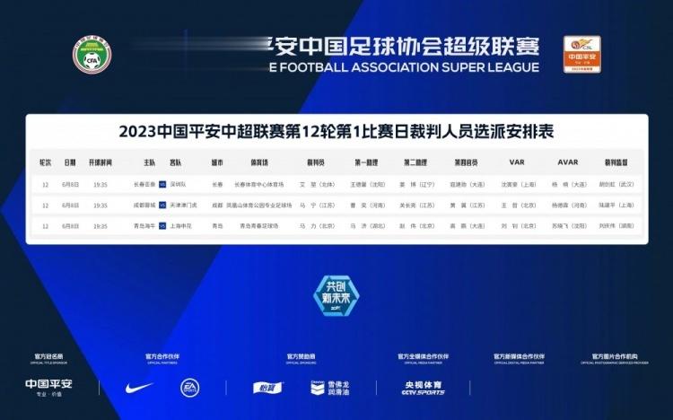 # 天下足球##中超联赛# 中超联赛官方公布了今天第12轮3场比赛的裁判名单，其