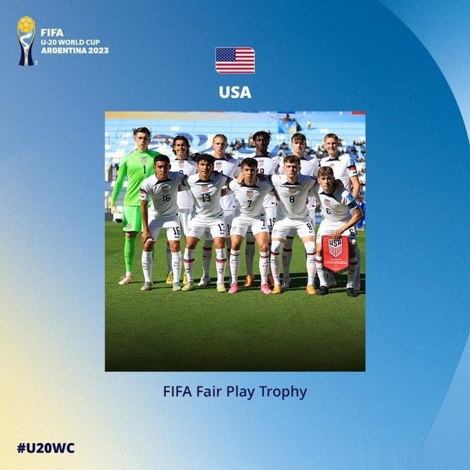 # 天下足球##世界杯# 国际足联官方消息，美国队获得了世青赛公平竞赛奖。今天凌