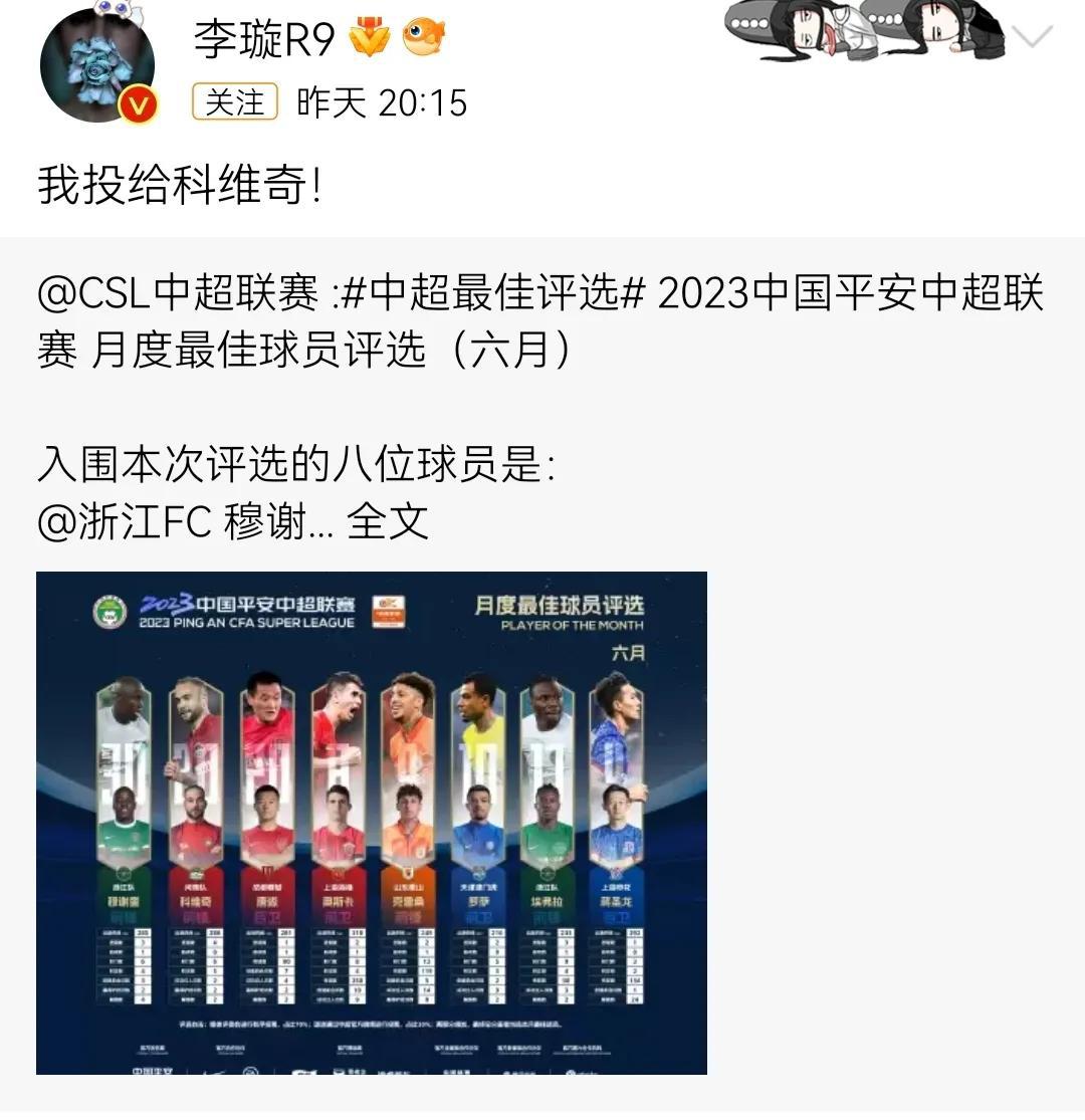 记者李璇、鲁蜜:我投给(河南队的)科维奇

2023中国平安中超联赛，月度最佳球