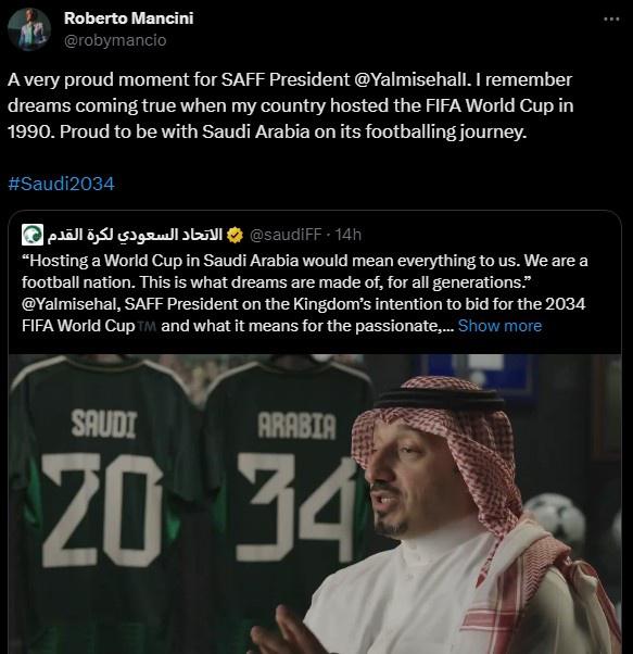 曼奇尼为沙特申办世界杯做推广：自豪能与沙特一起踏上这趟旅程(1)