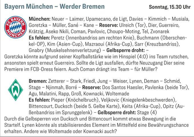 踢球者预测拜仁对不莱梅首发：凯恩、穆勒、萨内、德里赫特在列(1)